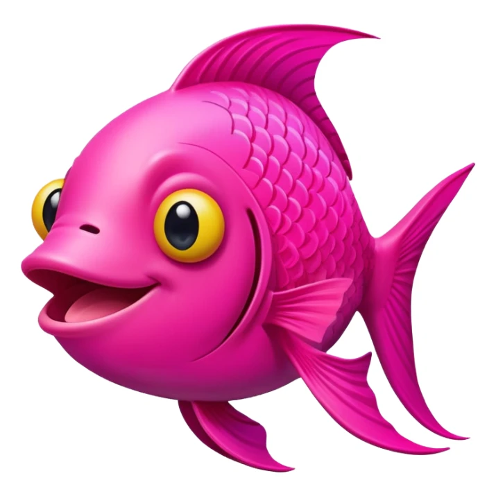 super friendly, extremely derpy bright neon pink fish with big goofy smile and crossed eye, tongue sticking out, perfect flat side profile facing right, exactly 90 degrees, one eye visible sticker