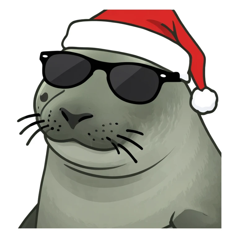 A seal with black sunglasses and a Santa hat sticker