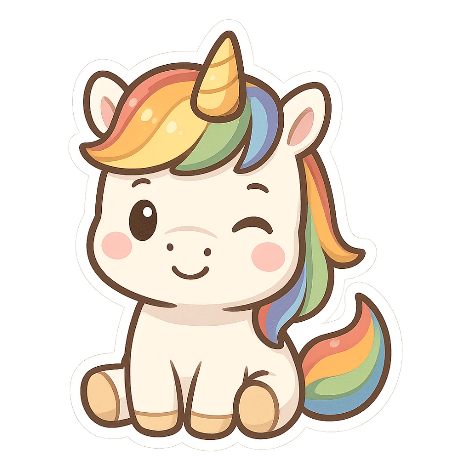 chibi unicorn with a rainbow mane, winking sticker