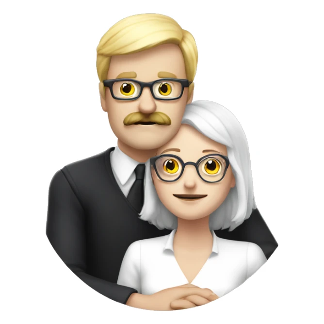 Hug between a bold white man with moustache and glasses and a white woman witch  sticker