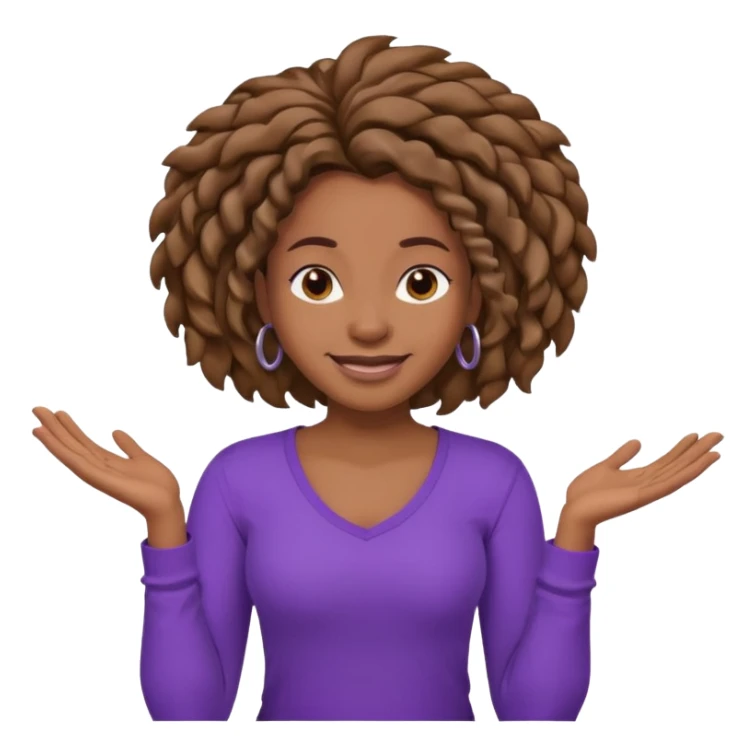 black woman with locks shrugging-smiling with purple shirt sticker