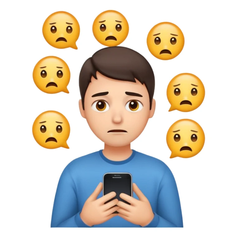 Same emoji avatar, overwhelmed expression, tired eyes, slightly stressed face, holding a smartphone with notifications piling up sticker