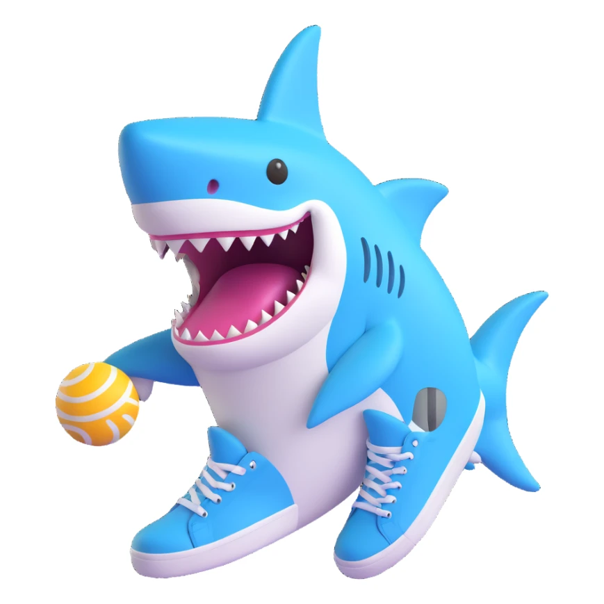 shark with light blue sneakers, 3D emoji style, smooth and friendly sticker