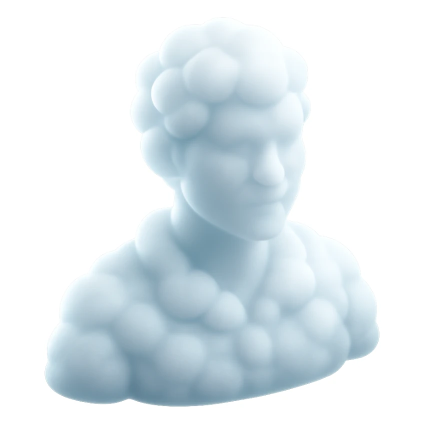 person looking straight, shoulders up, fully composed of white fluffy convex clouds, matte glass style, volumetric and soft clouds, no background sticker