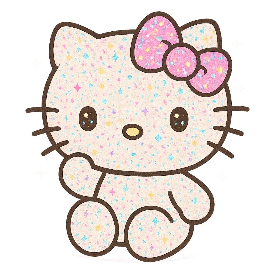 Hello Kitty, body and bow dusted with colorful glitter, sparkling, joyful, kawaii style sticker