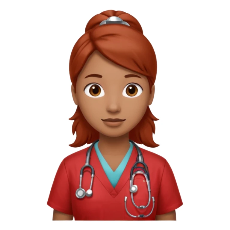 Medical assistant wearing redish scrubs with sethscope  sticker