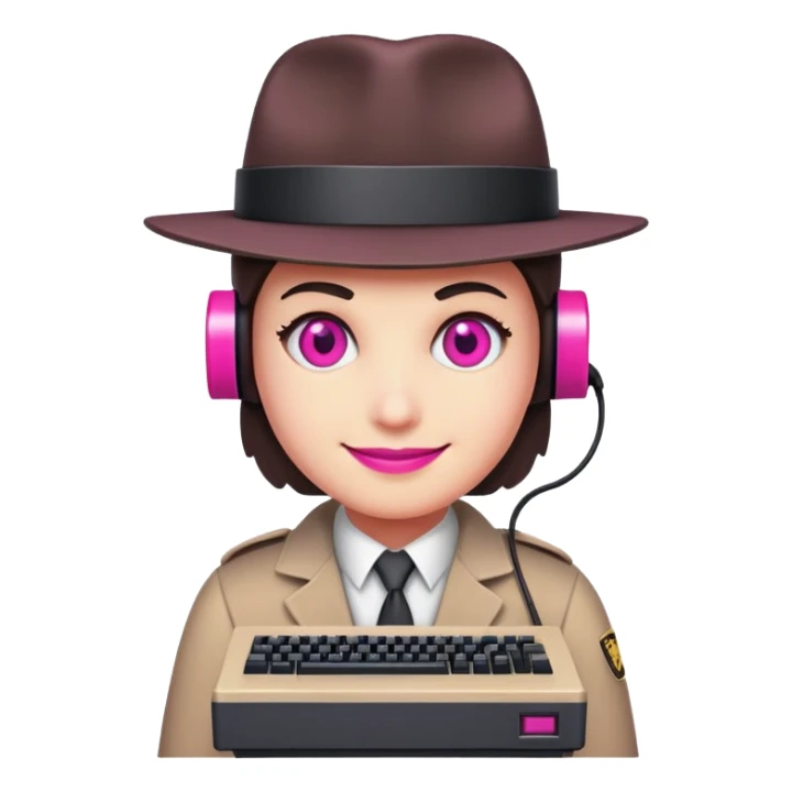 a character with a retro computer for a head, that has hot pink pixelated eyes and a smile, and wearing a detective suit sticker