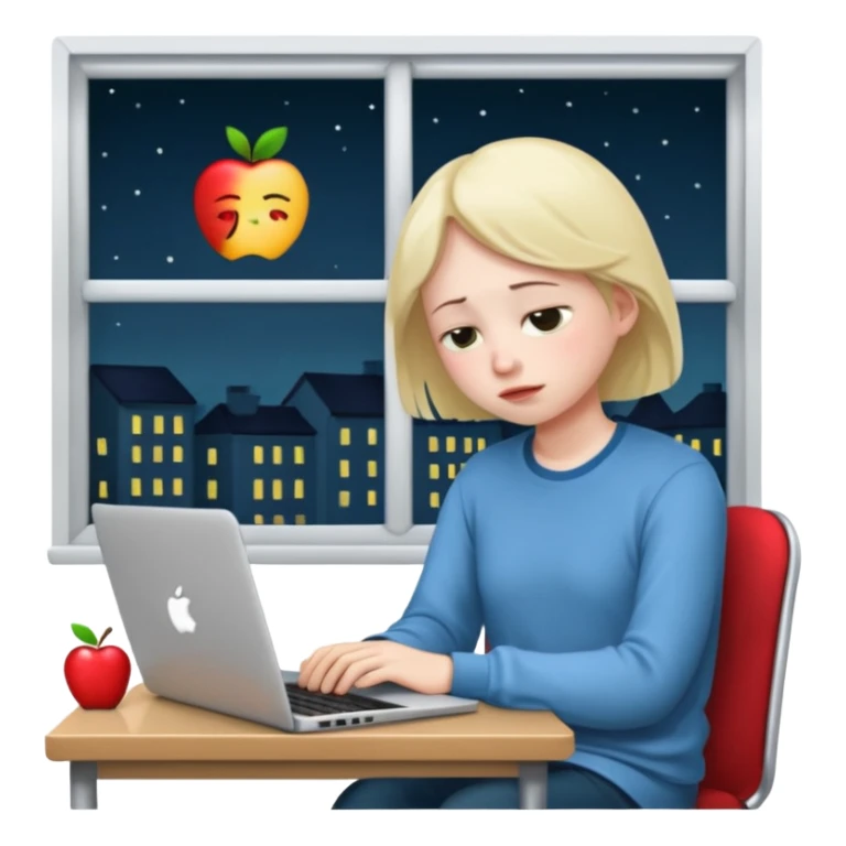 tired student with laptop, window at night behind, slouched posture, apple style emoji sticker