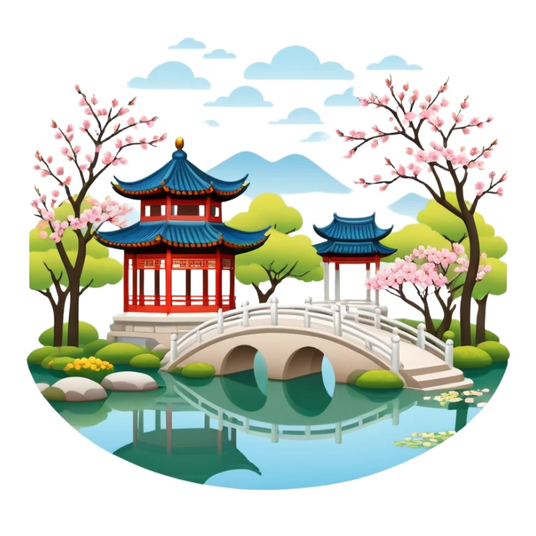 Suzhou garden with spring blossoms and pavilion by pond, simplified emoji style with bold outlines , emoji style traditional Chinese garden sticker