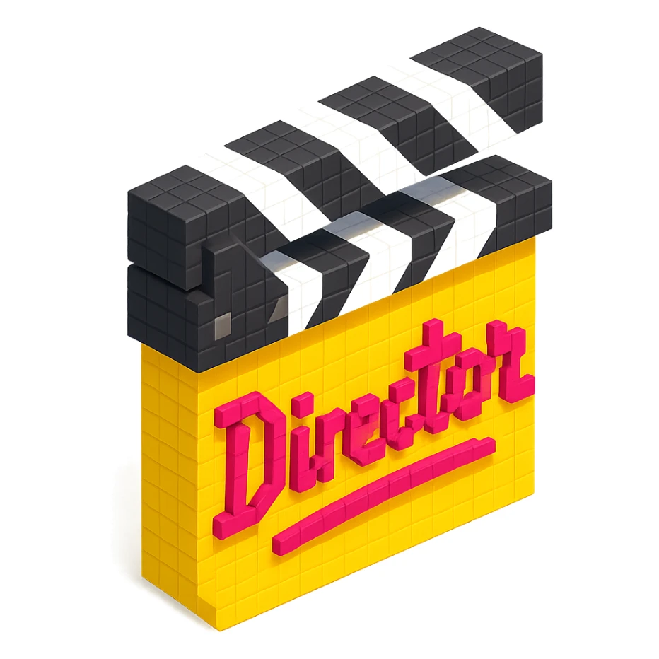 voxel style movie clapperboard with a bold director's signature, isometric view sticker