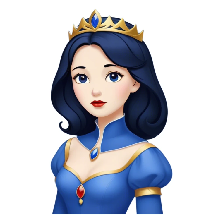 Cinematic Timeless Snow White Portrait Emoji, rendered in a clean, vector style. Depict Snow White with flawless porcelain skin, elegantly styled raven hair, and a serene, graceful expression, dressed in her classic blue and gold ensemble. The design features bold, simplified shapes, a soft, enchanting glow, and a subtle glowing outline, epitomizing pure, timeless beauty. sticker