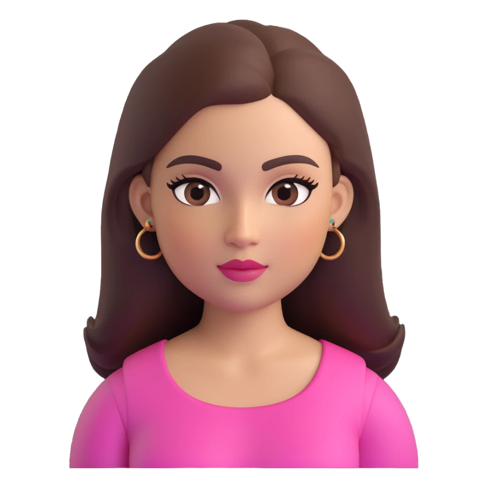 female memoji with oval face, warm light skin tone, rosy cheeks, elegant makeup with long eyelashes, defined eyeliner, light pink lips, long straight dark brown voluminous hair, arched eyebrows, dark brown eyes, colorful top, small visible tattoo on arm sticker