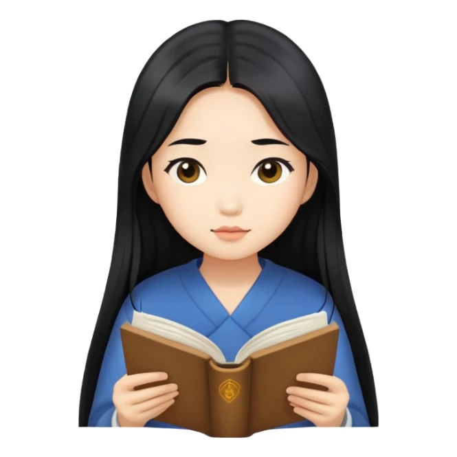 Asian girl with long black hair reading sticker