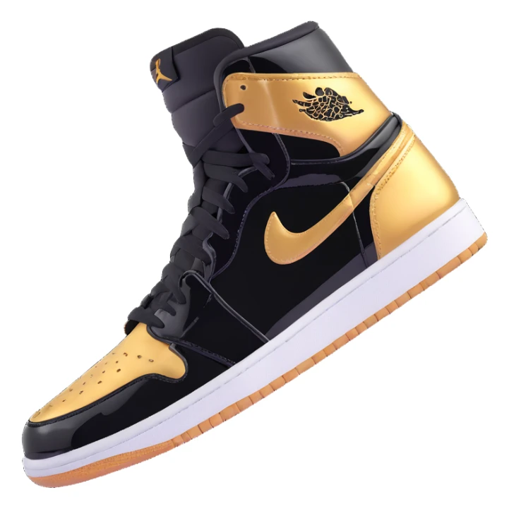Jordan 1 sneaker, patent leather black material with a metallic gold swoosh sticker