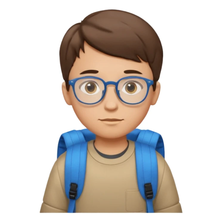 a boy with short brown hair and blue eyes, glasses, backpack sticker
