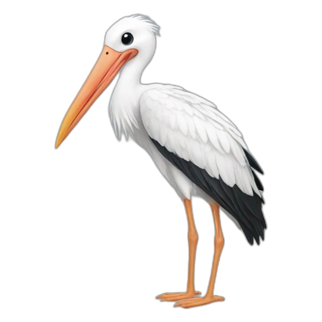  white stork. The stork is carrying a blue bundle of cloth in its beak that has a cute white baby face peeking out from it with black head sticker