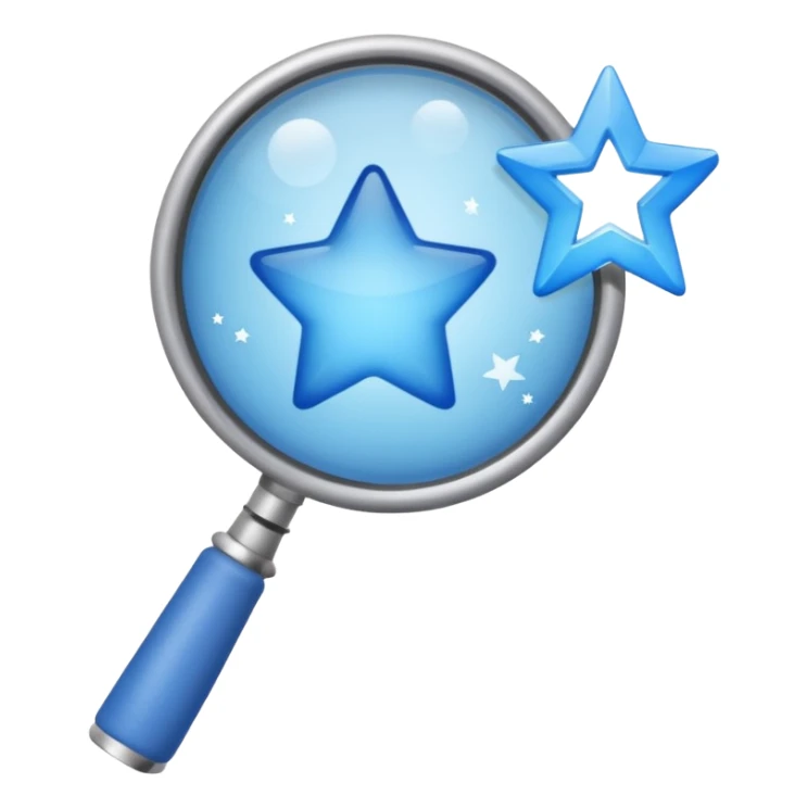 A blue left hand holding a magnifying glass which is showing blue stars sticker