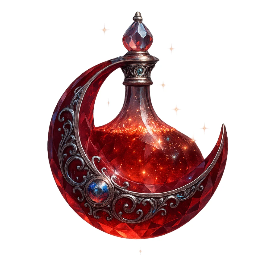 luxurious crystal elixir bottle in red moon shape, mysterious and mystical, deep red color, ornate silver and iridescent details, very small neck, seamless bottom, glowing and sparkling magical effects, transparent background, bottle floating in air, no base or shadow, modern, collection style sticker