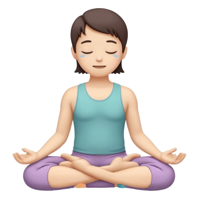 one simplified human character sitting in lotus pose, eyes closed, soft peaceful smile, feeling comfortable alone, calm and mindful mood, flat custom emoji sticker, pastel colors, rounded shapes, minimal details, mental health theme, thick outline, white background, no text sticker