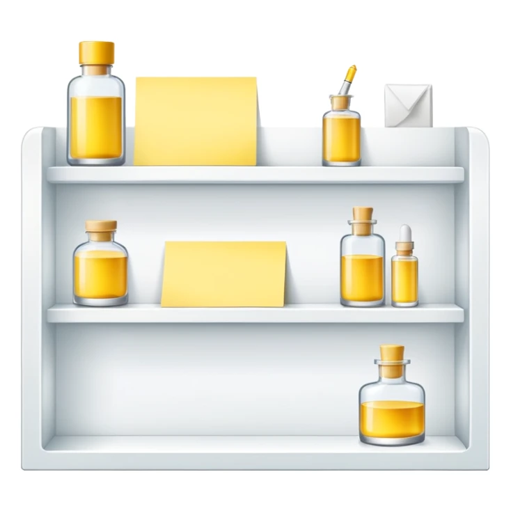 big long white shelf with luxury brand serum and big sticky note sticker