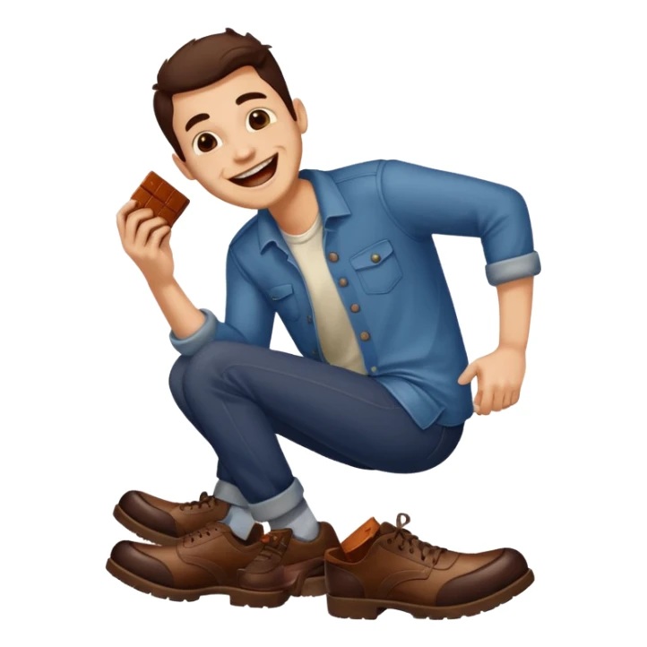 Man laughing with chocolate stain on shoe sticker