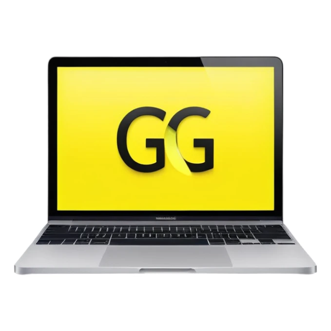a macbook with a bright neon yellow background and two large G letters in black color sticker