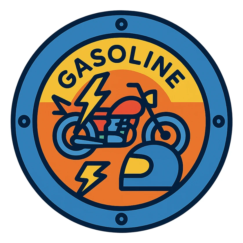 circular motorcycle gas cap design, transparent background, text 'GASOLINE', motif: lightning, motorcycle, helmet, dynamic style sticker