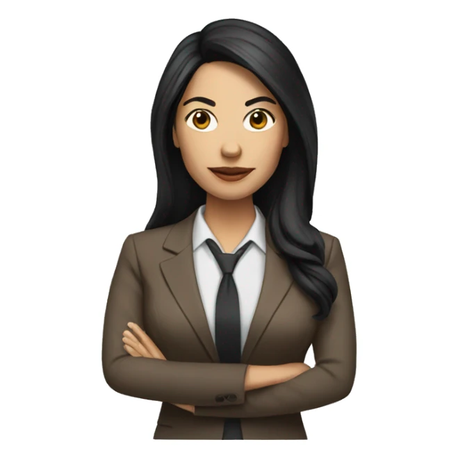 Female defense attorney with long black hair with brown suit sticker