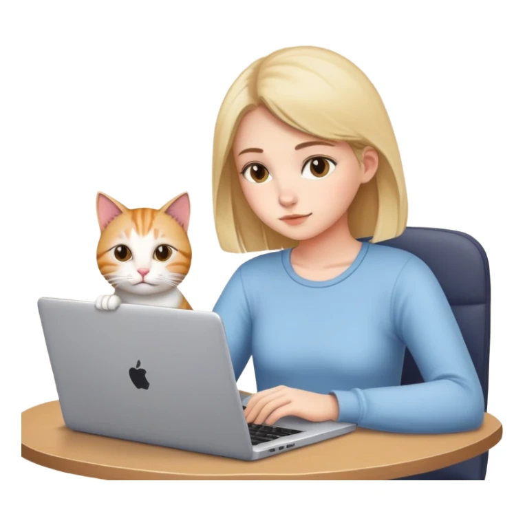 A girl is working hard on a laptop with a cat next to it sticker