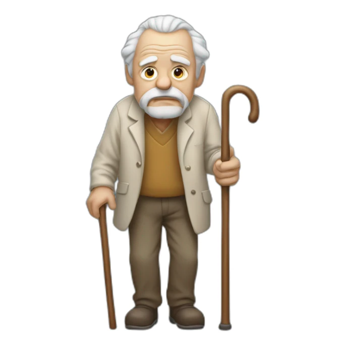 Old man leaning on a walking cane holding his back with his hand grumpy face, detailed sticker