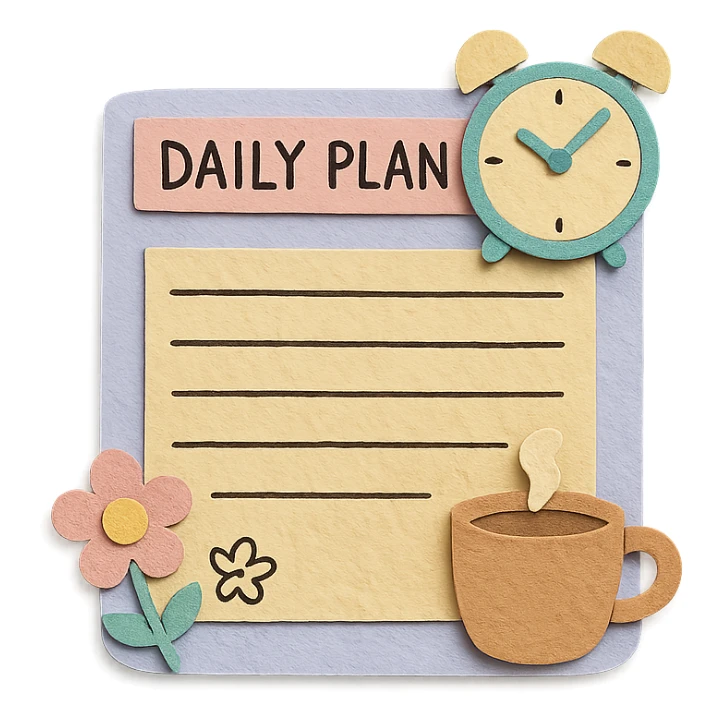 soft pastel daily planner page with coffee cup, cute clock, and flower doodles, hand-drawn style sticker