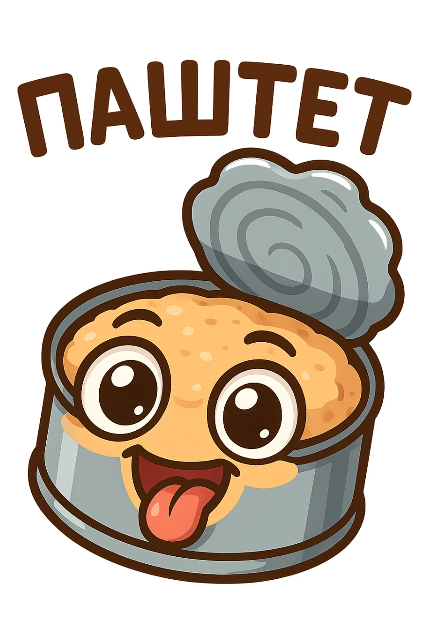 Funny chibi open pâté tin can, lid flipped open, creamy pâté visible, goofy smiling face, exaggerated big eyes, playful cartoon emoji style, thick outline, bright colors, Twitch chat emote, text "ПАСТЕТ" in Cyrillic abovee sticker