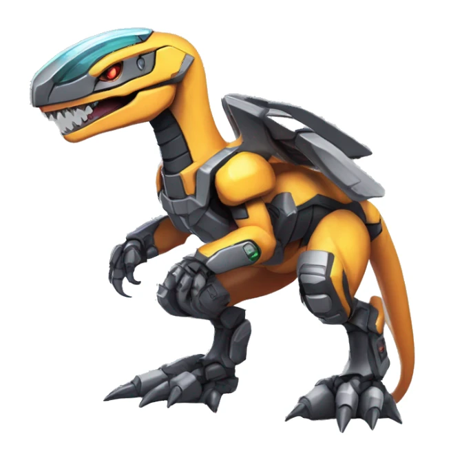 Colorful Edgy Chibi Greymon-Velociraptor-Genesect-Fakémon-Pokémon wearing a with a futuristic visor-helmet And Mecha-suit Full Body sticker