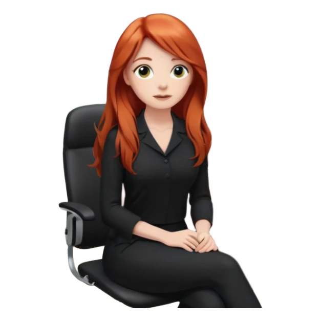 Video call therapy session: red-haired therapist with long hair wearing black minimalist clothing, seated in a professional home office, looking at the webcam; calm, modern teletherapy setting sticker