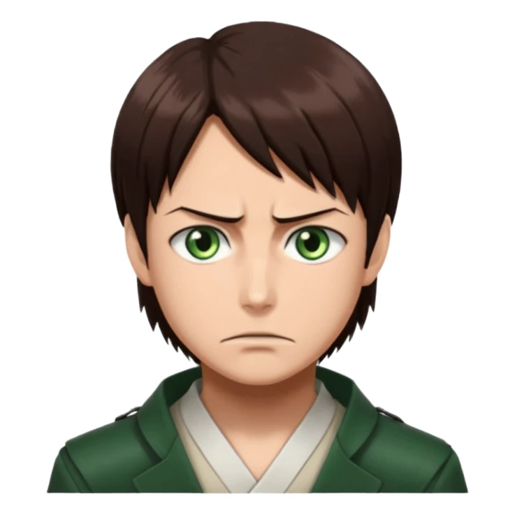 “Create an avatar that looks like Eren Yeager from Attack on Titan, Season 3 — sharp jawline, tied-back long brown hair, intense green eyes, serious expression.” sticker