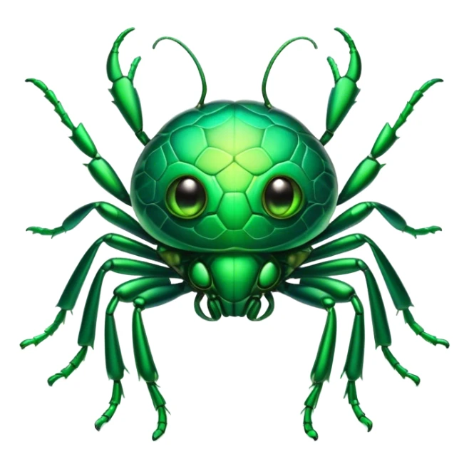 Cinematic Cute Green Bugdie Portrait Emoji, Head tilted playfully and inquisitively, featuring a glossy, vibrant emerald exoskeleton with intricate patterns, round, sparkling multifaceted eyes filled with curiosity, Simplified yet irresistibly adorable features, highly detailed, glowing with a warm, friendly glow, high shine, affectionate and lively, stylized with a touch of whimsy, bright and endearing, soft glowing outline, capturing the essence of a mischievous yet charming bug, so playful it feels like it could buzz out of the screen and into your arms! sticker