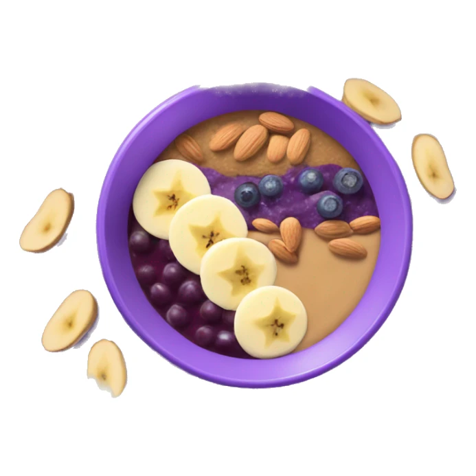 Purple acai bowl layered with peanut butter, banana, almonds sticker