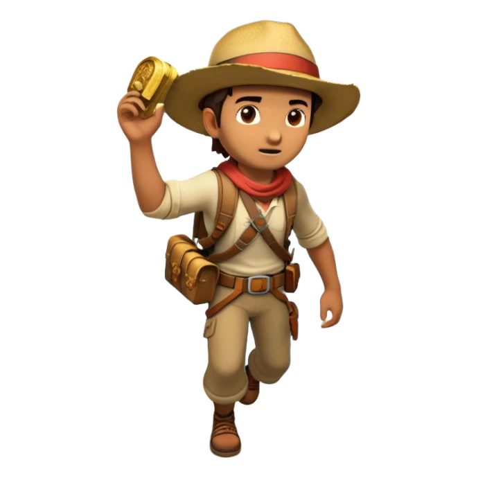 an adventure game, inspired by Uncharted-2. The design features a rugged explorer navigating through ancient ruins, with treasure and obstacles in the background. A dynamic environment with jungle, cliffs, and puzzles highlights the thrill of discovery and action. Transparent background. sticker