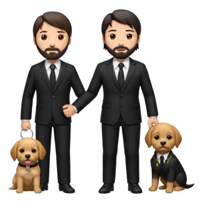 john wick as an apple-style emoji, holding a puppy, black suit, beard sticker