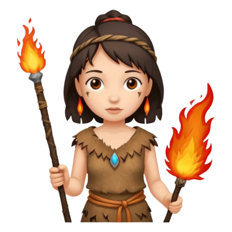 ancient girl, tattered animal skin cloth, hold fire stick sticker