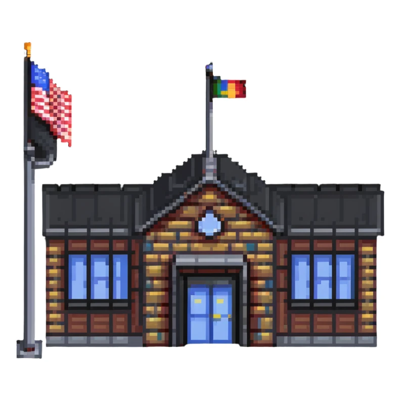 school building with classroom windows, entrance door, and flag pole sticker