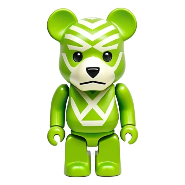 authentic bearbrick figure with geometric bear head, lime green mask with Off-White diagonal stripes logo, distinct eyebrows, collectible toy sticker