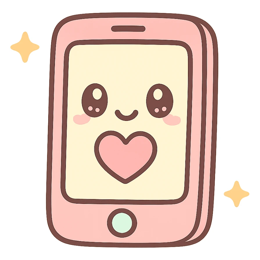 cellphone, kawaii chibi anime style, flat pastel colors, thick outlines, simple cute features, with a heart on the screen sticker