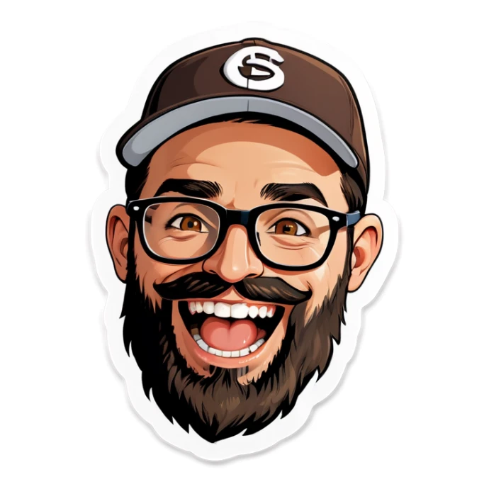 A man with a grey baseball cap, hazel eyes, big dark brown beard and glasses, laughing sticker