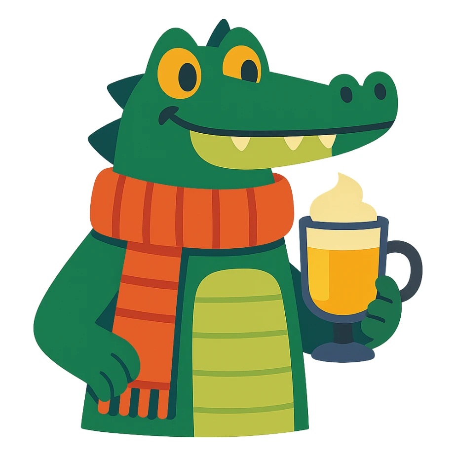 cozy winter vibe crocodile wearing a scarf holding a Bombardino cocktail sticker