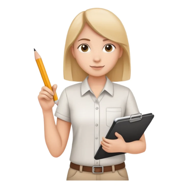 intern or volunteer holding a clipboard and pencil, ready to take notes or assist. The character wears a simple shirt and has an eager posture sticker