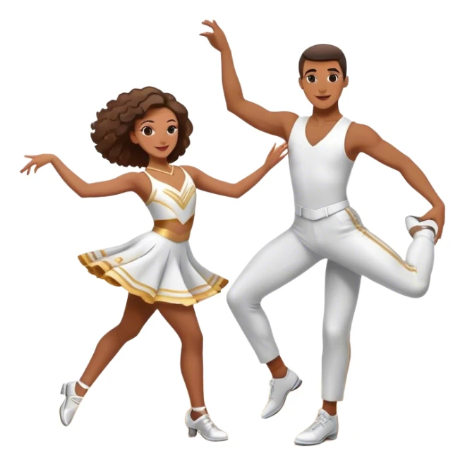 Icon for Sports Dance: a couple performing an energetic and synchronized dance, dressed in competitive dance attire, dance shoes, a rhythmically placed dance floor, and a competition backdrop. The icon should capture the athleticism, technique, and precision of sports dance. Transparent background. sticker