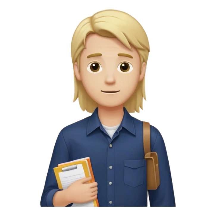 Guy with long straight blonde hair behind head and navy button up holding a school packet sticker