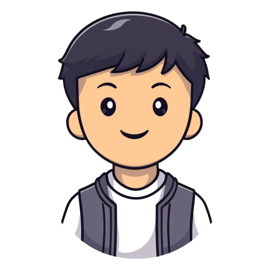 Asian man with short black hair, friendly smile, Josh Lim character sticker