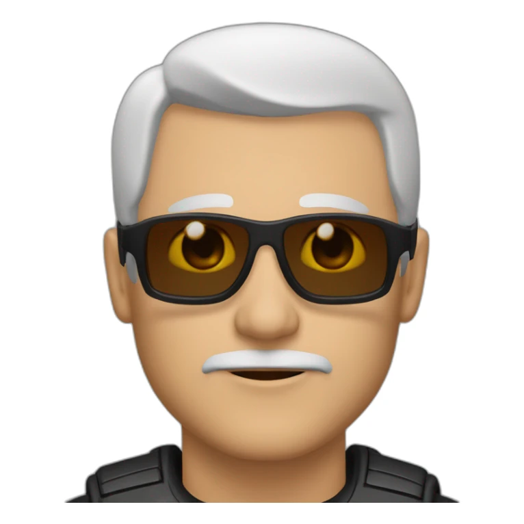 56 year old white man, balled, brown eyes, black motorcycle suit, sunglasses on forehead sticker